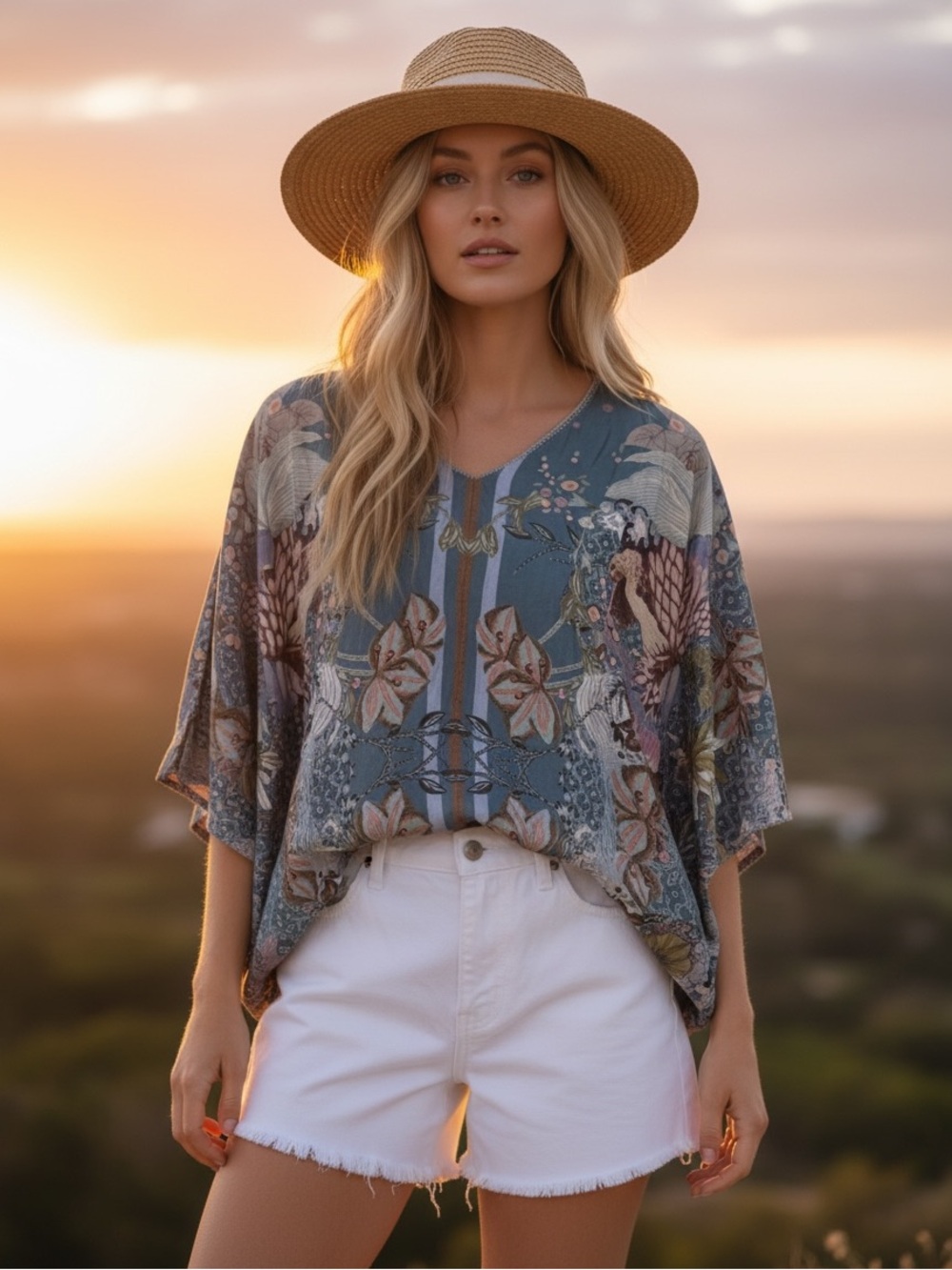 Johnny Was Teal Floral Boho Tunic Top